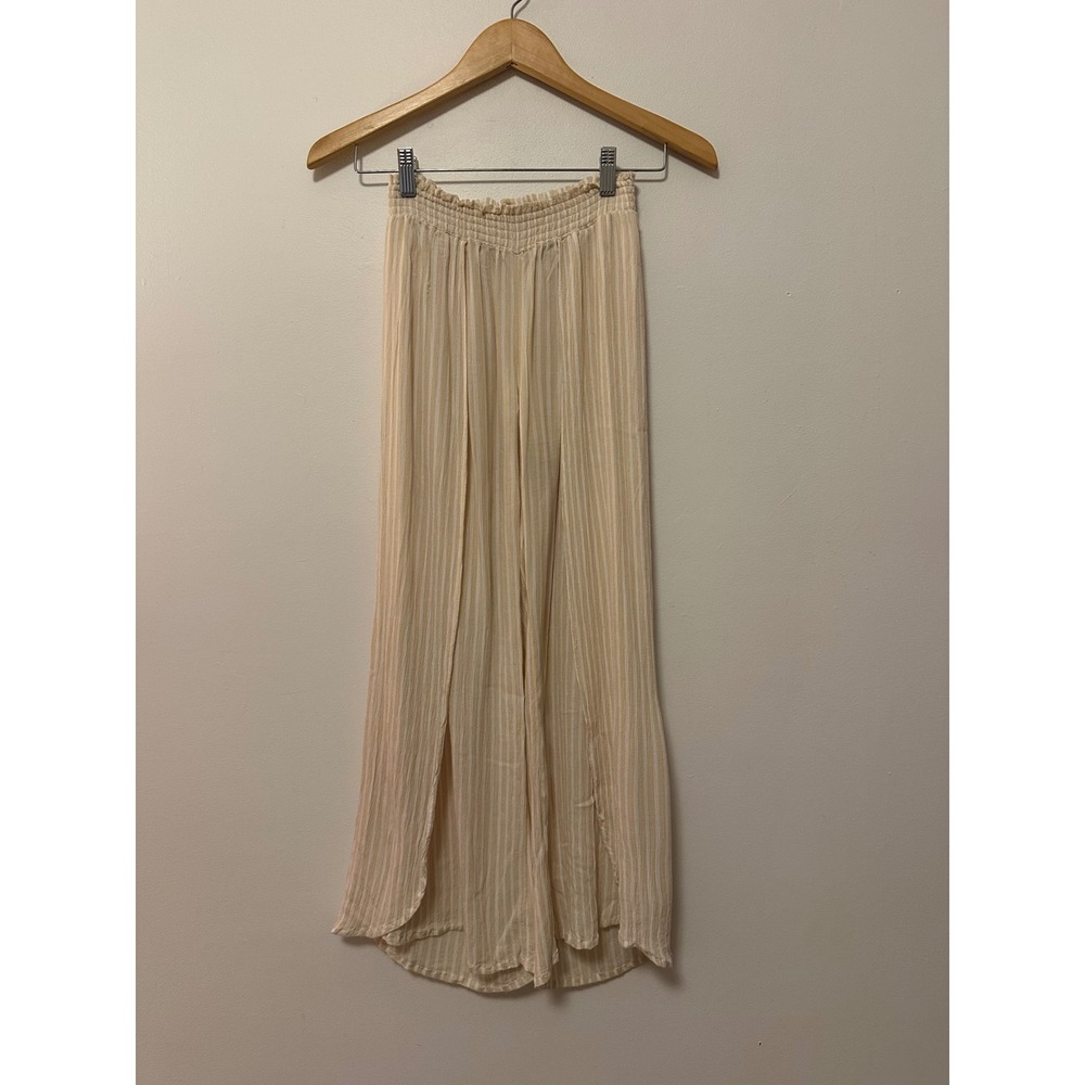 Billabong Striped Wide Leg Slit Pants in Cream and Tan Gauze | Size XS